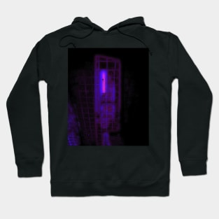 Digital collage and special processing. Bizarre. Room of suffering. Blue and violet, neon and glow. Hoodie
